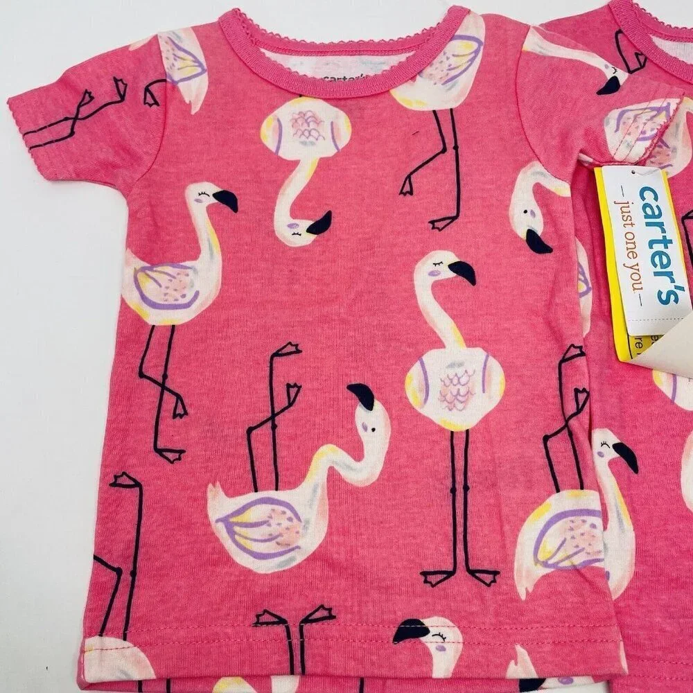 Carters Baby Girls 12/18 Months Lot of 2 Pajama Tops in Pink Flamingo Print 1067